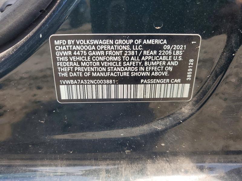Aukcja sprzedaży 2022 Volkswagen Passat, vin: 1VWBA7A32NC003881, numer aukcji: 64456006