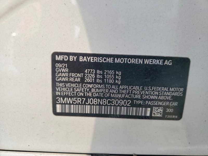 64670636 :رقم المزاد ، 3MW5R7J08N8C30902 vin ، 2022 Bmw 330xi مزاد بيع
