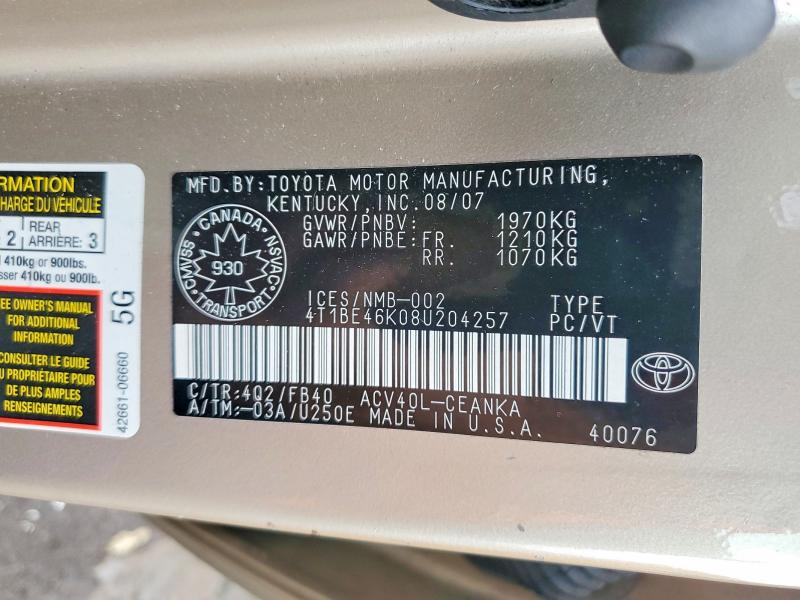 Продаж на аукціоні авто 2008 Toyota Camry, vin: 4T1BE46K08U204257, номер лоту: 62971876
