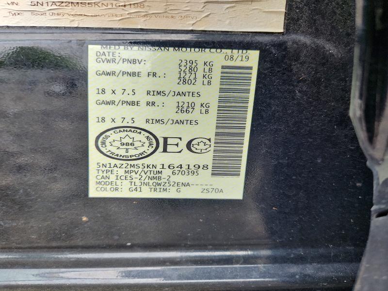 65692506 :رقم المزاد ، 5N1AZ2MS5KN164198 vin ، 2019 Nissan Murano مزاد بيع