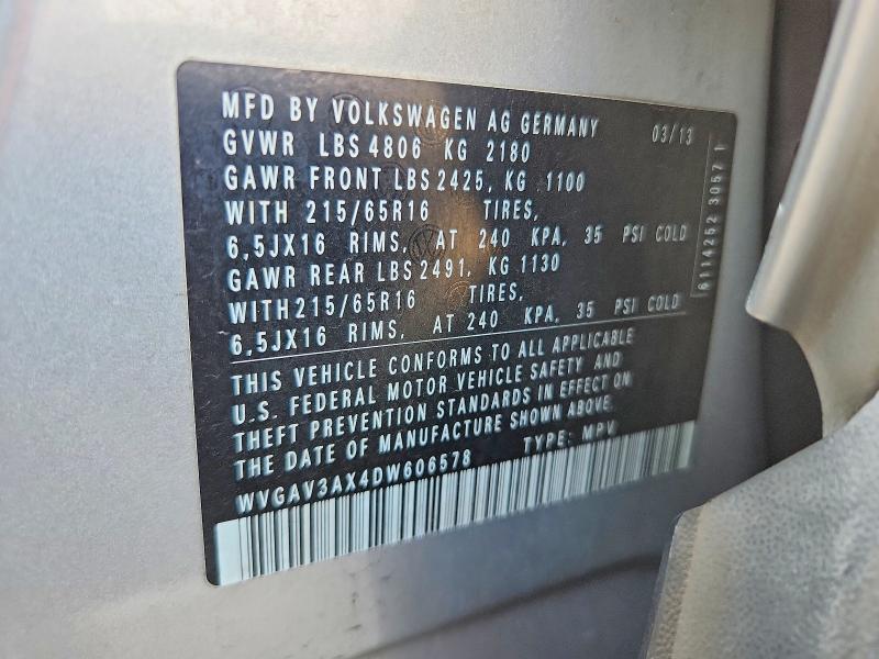 2013 Volkswagen Tiguan მანქანა იყიდება აუქციონზე, vin: WVGAV3AX4DW606578, აუქციონის ნომერი: 64431116