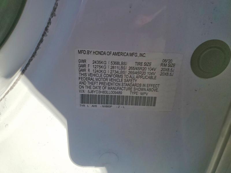 2020 Acura Mdx მანქანა იყიდება აუქციონზე, vin: 5J8YD3H83LL009489, აუქციონის ნომერი: 65488756