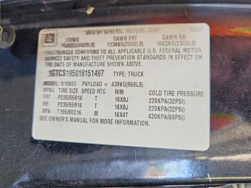 2001 Gmc Sonoma მანქანა იყიდება აუქციონზე, vin: 1GTCS195018151497, აუქციონის ნომერი: 67020216
