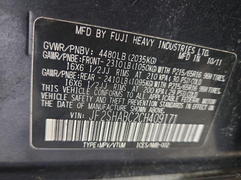 Aukcja sprzedaży 2012 Subaru Forester, vin: JF2SHABC2CH409171, numer aukcji: 64946206