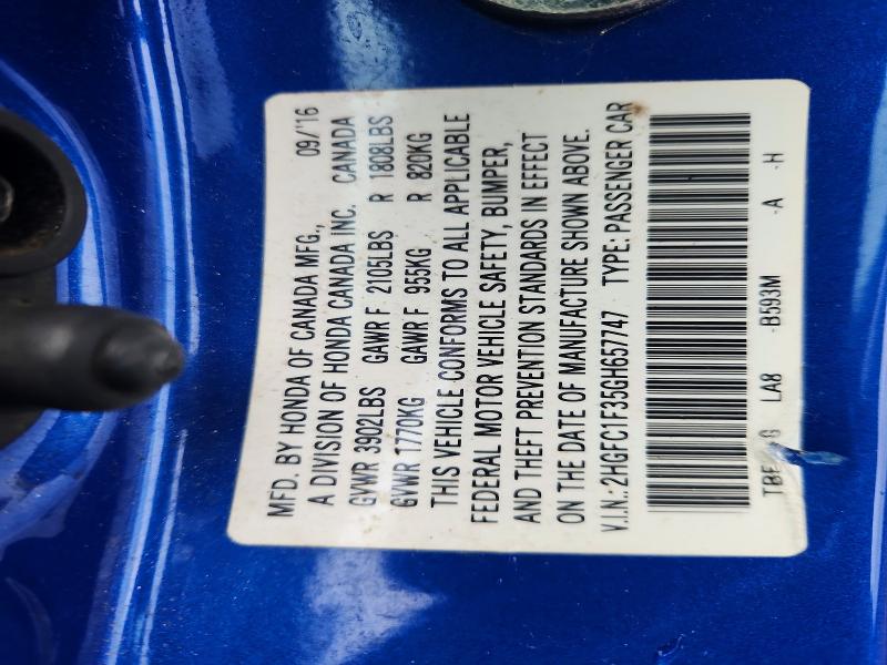 Продажа на аукционе авто 2016 Honda Civic, vin: 2HGFC1F35GH657747, номер лота: 66256466
