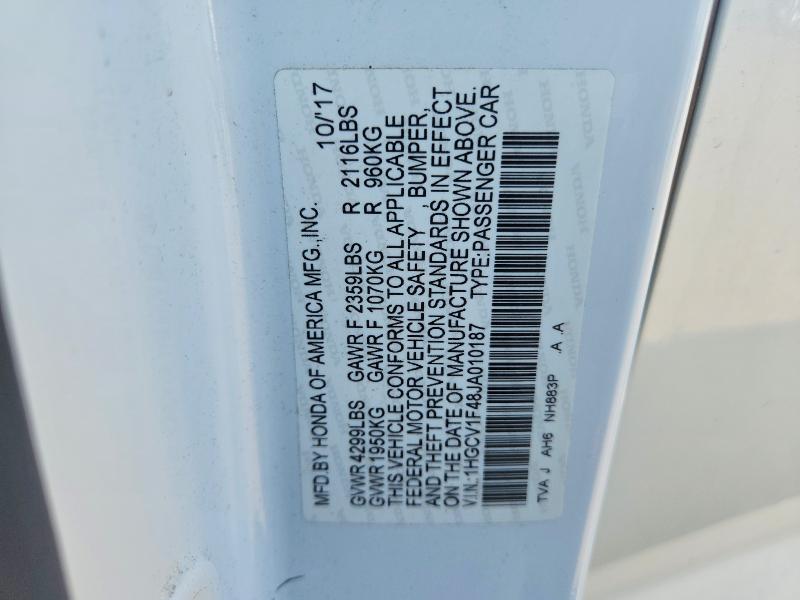 Продаж на аукціоні авто 2018 Honda Accord, vin: 1HGCV1F48JA010187, номер лоту: 67177636