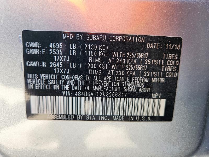 Aukcja sprzedaży 2019 Subaru Outback, vin: 4S4BSABCXK3266817, numer aukcji: 65639826