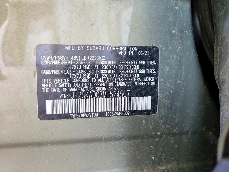 Aukcja sprzedaży 2021 Subaru Forester, vin: JF2SKADC3MH524507, numer aukcji: 65110266