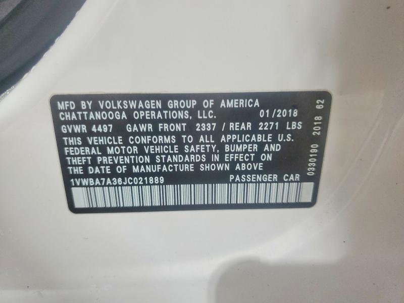 67151906 :رقم المزاد ، 1VWBA7A36JC021889 vin ، 2018 Volkswagen Passat مزاد بيع