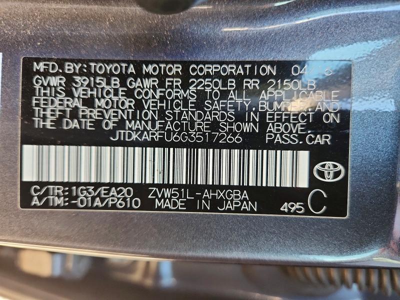 Продажа на аукционе авто 2016 Toyota Prius, vin: JTDKARFU6G3517266, номер лота: 63350346