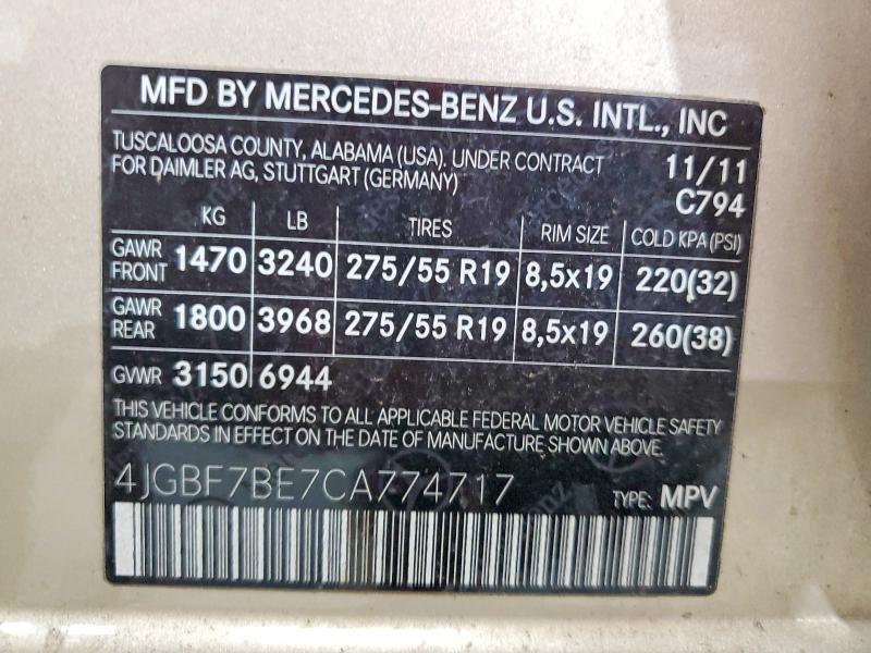 66060236 :رقم المزاد ، 4JGBF7BE7CA774717 vin ، 2012 Mercedes-benz Gl مزاد بيع