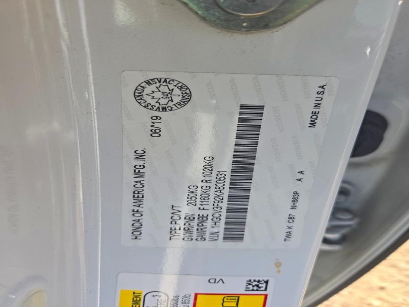Aukcja sprzedaży 2019 Honda Accord, vin: 1HGCV3F92KA800531, numer aukcji: 62458586