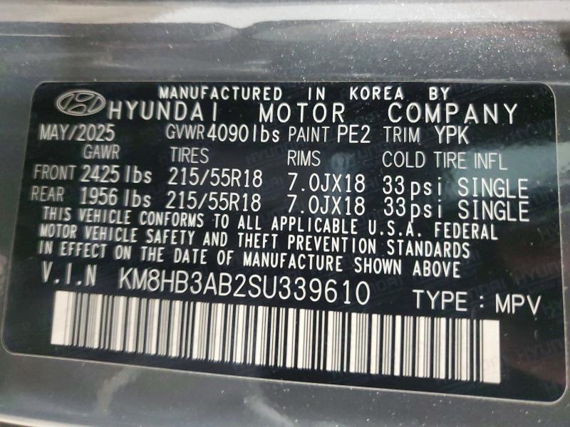 2025 Hyundai Kona მანქანა იყიდება აუქციონზე, vin: KM8HB3AB2SU339610, აუქციონის ნომერი: 63700586