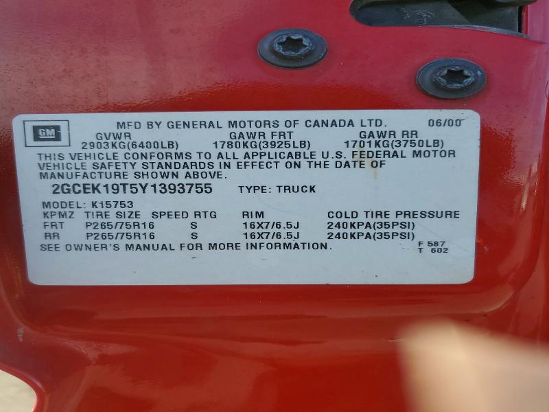 63263586 :رقم المزاد ، 2GCEK19T5Y1393755 vin ، 2000 Chevrolet Silverado مزاد بيع