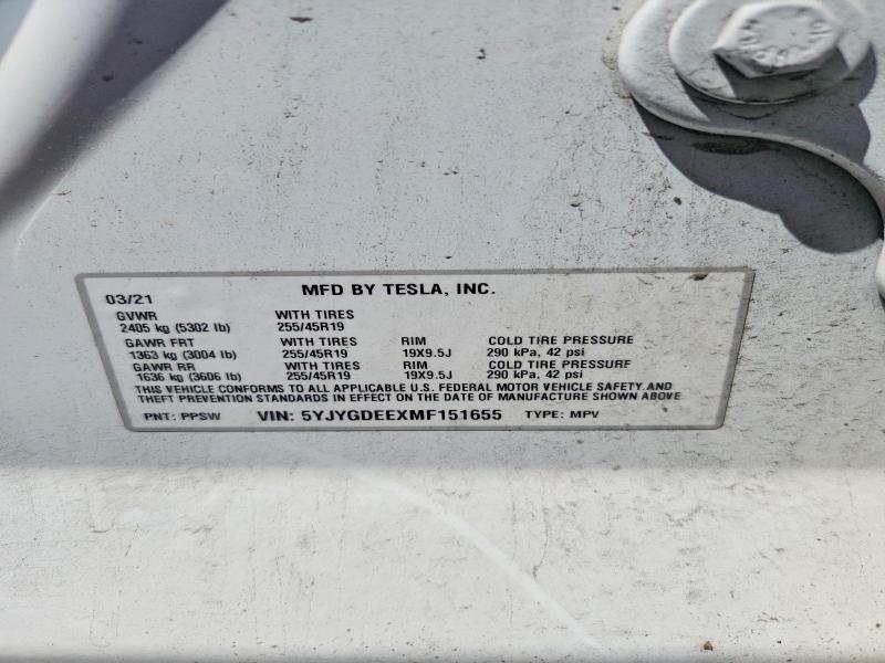 Aukcja sprzedaży 2021 Tesla Model Y, vin: 5YJYGDEEXMF151655, numer aukcji: 63535226