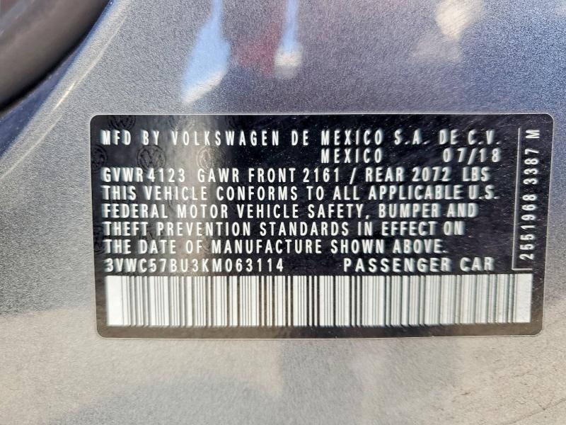 2019 Volkswagen Jetta მანქანა იყიდება აუქციონზე, vin: 3VWC57BU3KM063114, აუქციონის ნომერი: 63769426