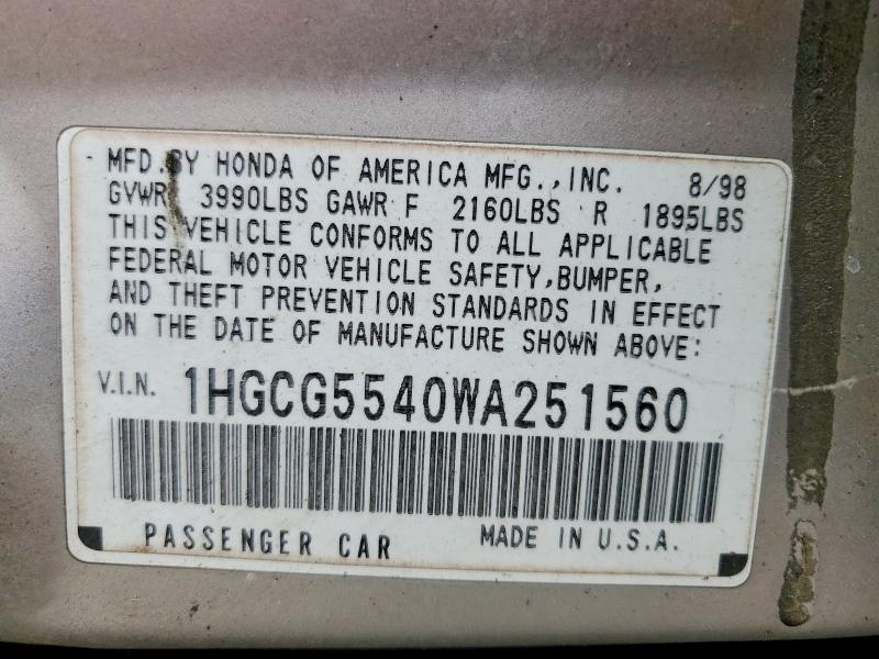 Продаж на аукціоні авто 1998 Honda Accord, vin: 1HGCG5540WA251560, номер лоту: 65142306