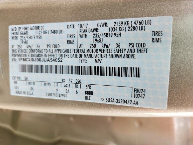 2018 Ford Escape მანქანა იყიდება აუქციონზე, vin: 1FMCU0J98JUA54652, აუქციონის ნომერი: 64176536