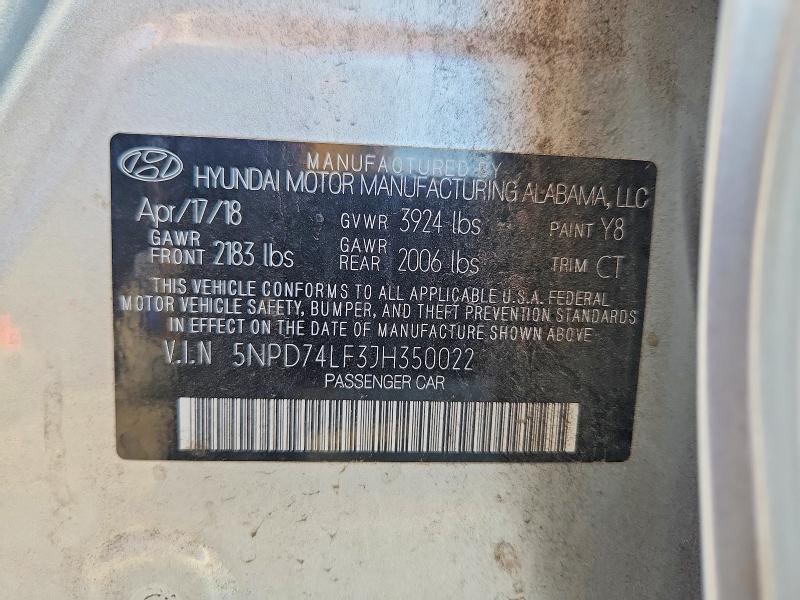 63902606 :رقم المزاد ، 5NPD74LF3JH350022 vin ، 2018 Hyundai Elantra مزاد بيع