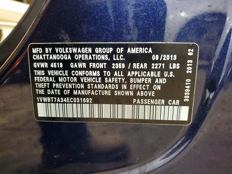 2014 Volkswagen Passat მანქანა იყიდება აუქციონზე, vin: 1VWBT7A34EC031692, აუქციონის ნომერი: 64752476