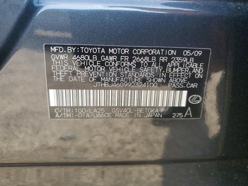 Продаж на аукціоні авто 2009 Lexus Es, vin: JTHBJ46G992324100, номер лоту: 65168556