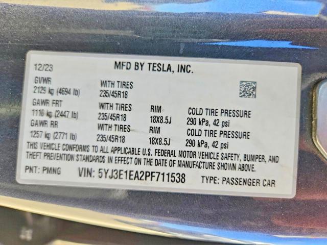 64435406 :رقم المزاد ، 5YJ3E1EA2PF711538 vin ، 2023 Tesla Model 3 مزاد بيع