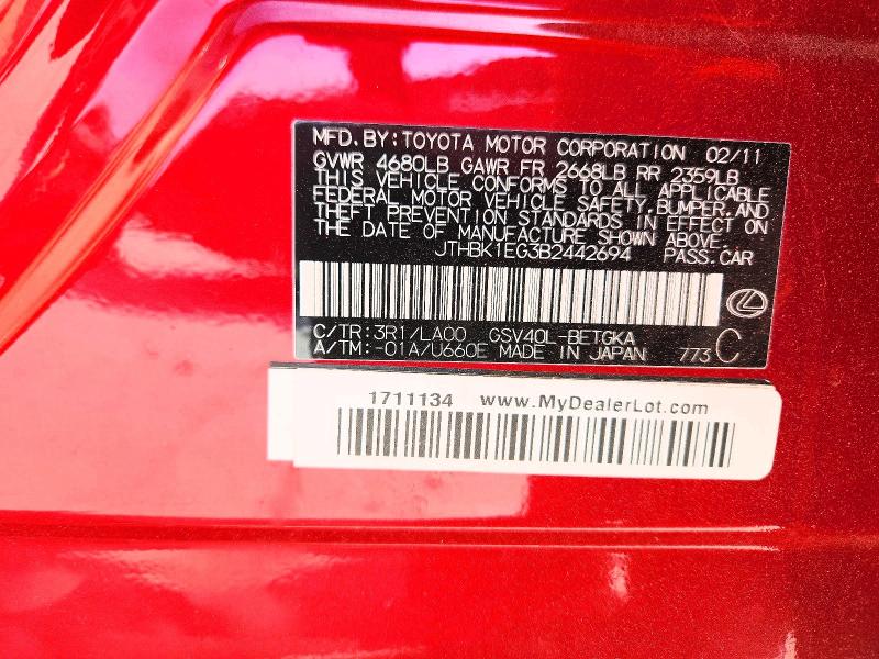 Продаж на аукціоні авто 2011 Lexus Es, vin: JTHBK1EG3B2442694, номер лоту: 66106836