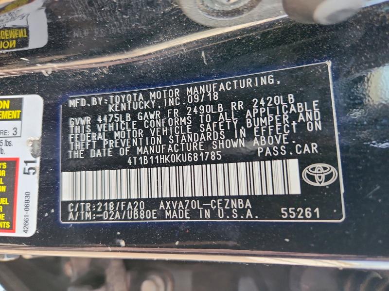 2019 Toyota Camry მანქანა იყიდება აუქციონზე, vin: 4T1B11HK0KU681785, აუქციონის ნომერი: 64401246