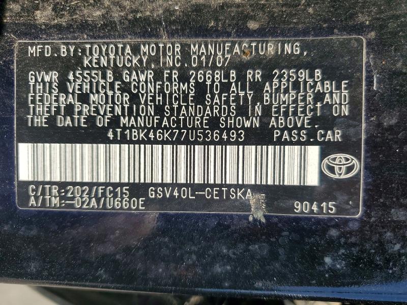 Aukcja sprzedaży 2007 Toyota Camry, vin: 4T1BK46K77U536493, numer aukcji: 65529476