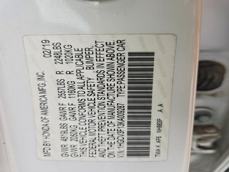 Aukcja sprzedaży 2019 Honda Accord, vin: 1HGCV3F13KA009287, numer aukcji: 66444506