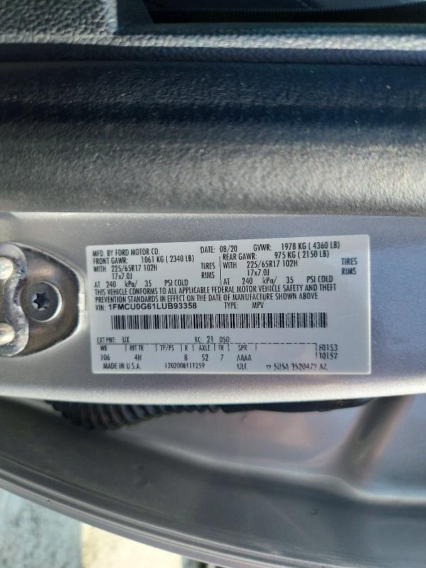 Продаж на аукціоні авто 2020 Ford Escape, vin: 1FMCU0G61LUB93358, номер лоту: 64631586