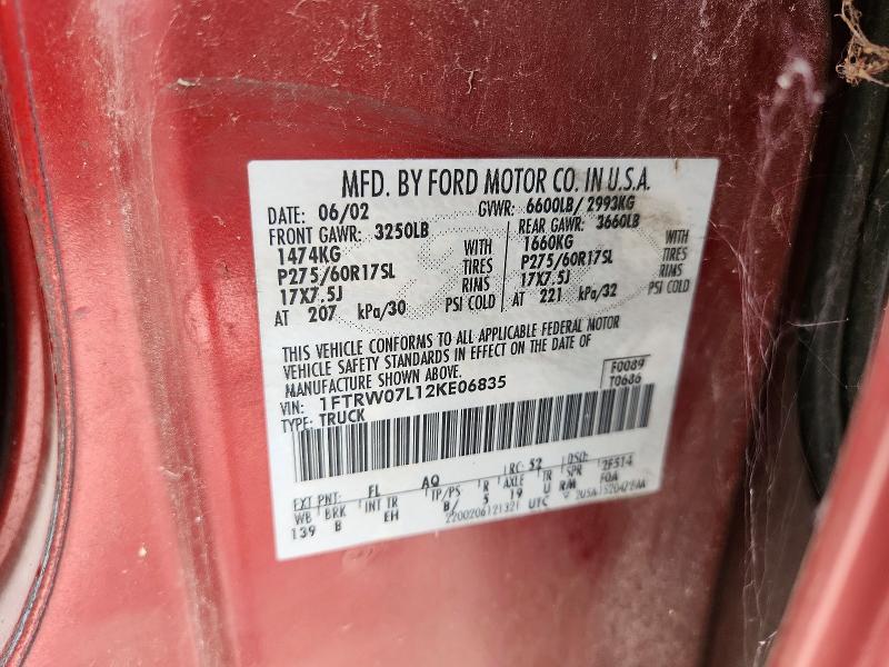 2002 Ford F150 მანქანა იყიდება აუქციონზე, vin: 1FTRW07L12KE06835, აუქციონის ნომერი: 64004156