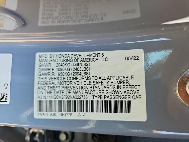 Aukcja sprzedaży 2022 Honda Accord, vin: 1HGCV3F92NA022753, numer aukcji: 64113126