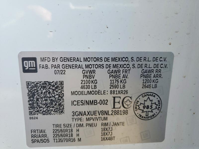 2022 Chevrolet Equinox მანქანა იყიდება აუქციონზე, vin: 3GNAXUEV8NL288198, აუქციონის ნომერი: 65498006