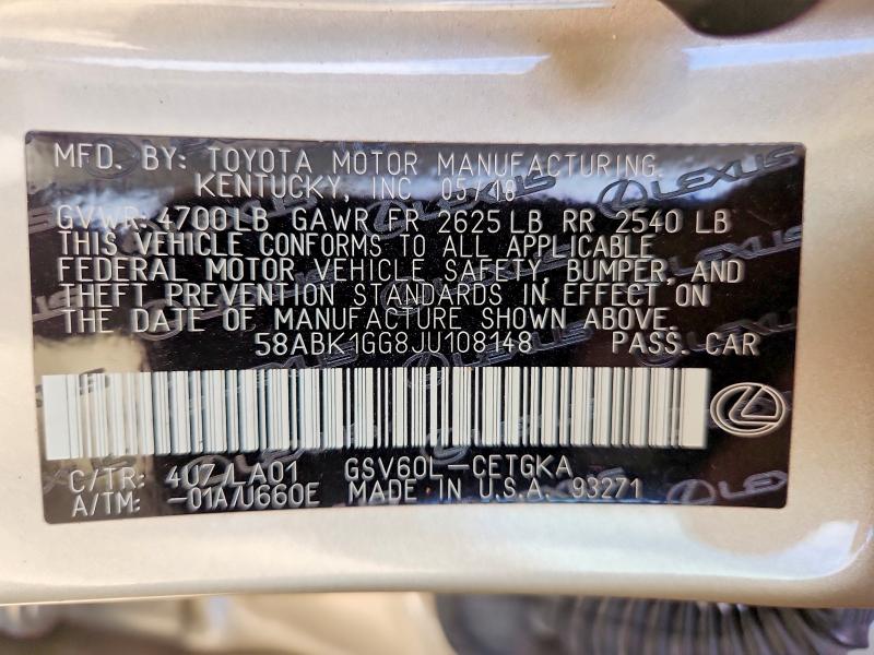 Aukcja sprzedaży 2018 Lexus Es, vin: 58ABK1GG8JU108148, numer aukcji: 66301596