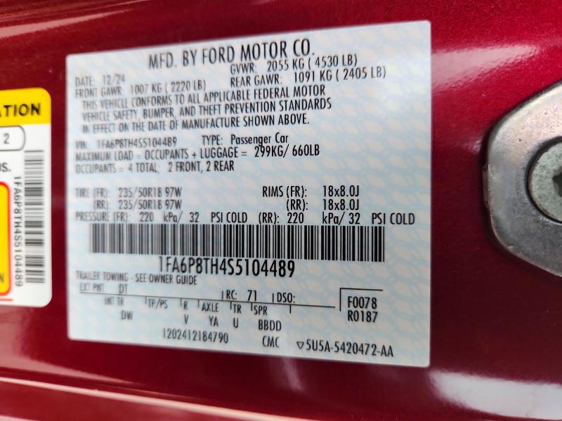Продаж на аукціоні авто 2025 Ford Mustang, vin: 1FA6P8TH4S5104489, номер лоту: 65354706