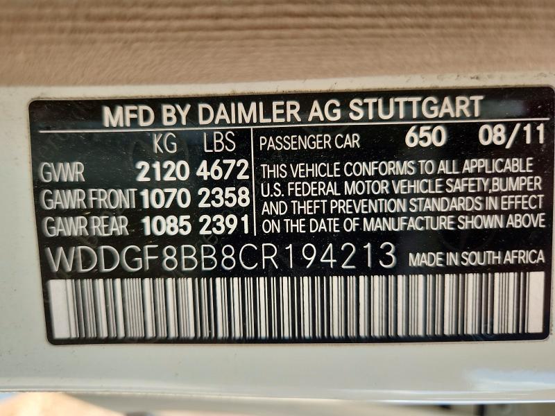 63388816 :رقم المزاد ، WDDGF8BB8CR194213 vin ، 2012 Mercedes-benz C مزاد بيع
