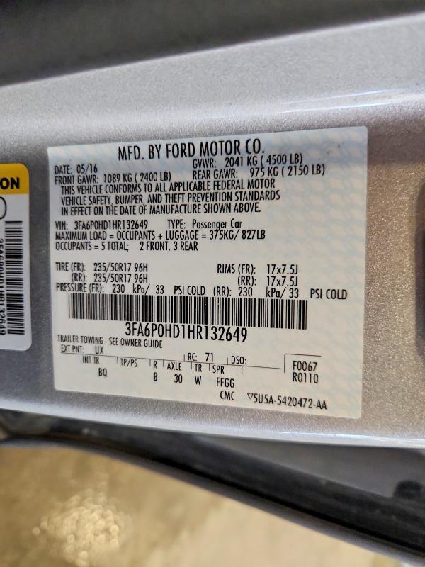 2017 Ford Fusion მანქანა იყიდება აუქციონზე, vin: 3FA6P0HD1HR132649, აუქციონის ნომერი: 64438146