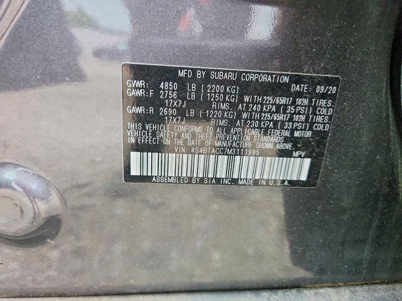 2021 Subaru Outback მანქანა იყიდება აუქციონზე, vin: 4S4BTACC7M3111995, აუქციონის ნომერი: 65911046
