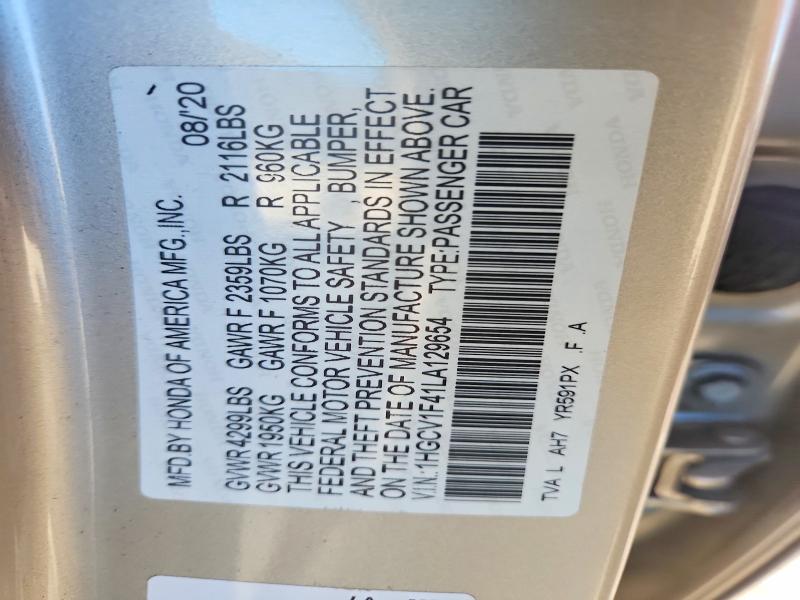 2020 Honda Accord მანქანა იყიდება აუქციონზე, vin: 1HGCV1F41LA129654, აუქციონის ნომერი: 67001376