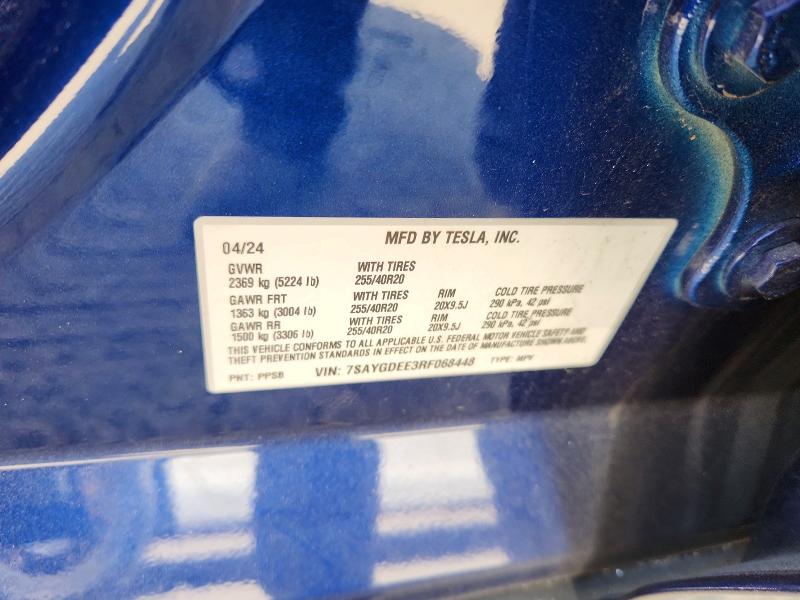 2024 Tesla Model Y მანქანა იყიდება აუქციონზე, vin: 7SAYGDEE3RF068448, აუქციონის ნომერი: 64503596