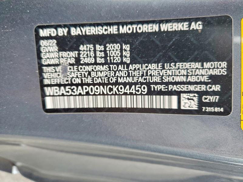 63678866 :رقم المزاد ، WBA53AP09NCK94459 vin ، 2022 Bmw 430i مزاد بيع