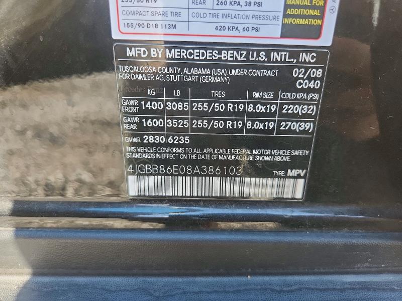 62725726 :رقم المزاد ، 4JGBB86E08A386103 vin ، 2008 Mercedes-benz Ml مزاد بيع