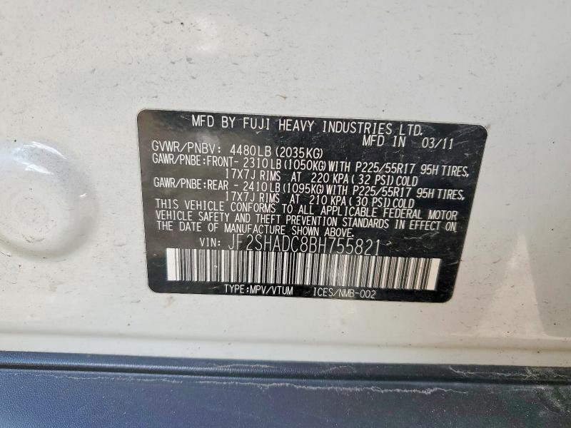 2011 Subaru Forester მანქანა იყიდება აუქციონზე, vin: JF2SHADC8BH755821, აუქციონის ნომერი: 66634516