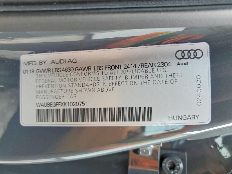 2019 Audi A3 მანქანა იყიდება აუქციონზე, vin: WAUBEGFFXK1020751, აუქციონის ნომერი: 64085366