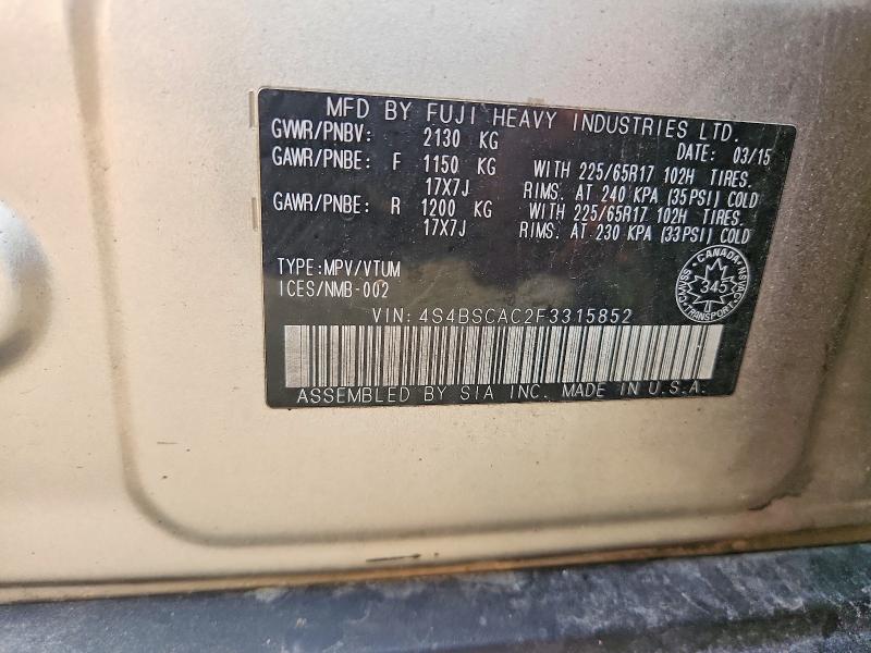 63154576 :رقم المزاد ، 4S4BSCAC2F3315852 vin ، 2015 Subaru Outback مزاد بيع