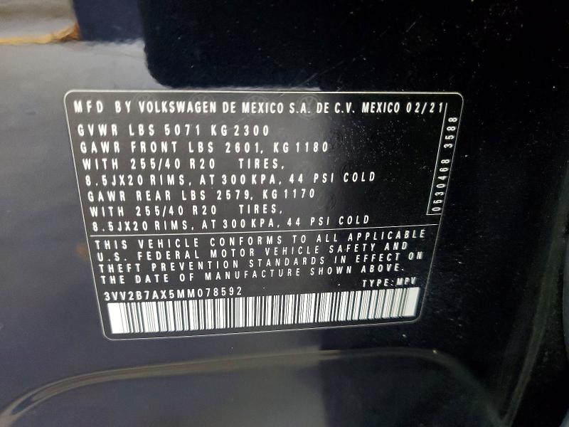 2021 Volkswagen Tiguan მანქანა იყიდება აუქციონზე, vin: 3VV2B7AX5MM078592, აუქციონის ნომერი: 66636186