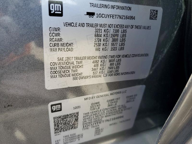 63174736 :رقم المزاد ، 1GCUYFET7NZ164994 vin ، 2022 Chevrolet Silverado Ltd مزاد بيع