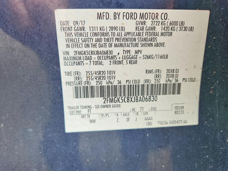67415396 :رقم المزاد ، 2FMGK5C8XJBA06830 vin ، 2018 Ford Flex مزاد بيع