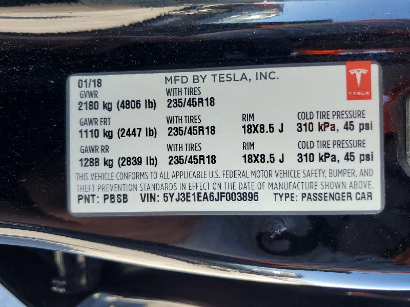 Aukcja sprzedaży 2018 Tesla Model 3, vin: 5YJ3E1EA6JF003896, numer aukcji: 66414786